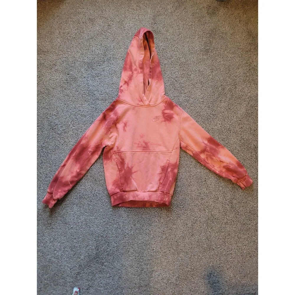 Nike Kids XS Orange Red Tie Dye Pullover Hoodie Tonal Swoosh Sweatshirt